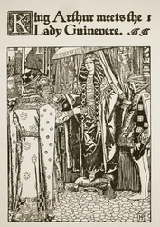 アーサー王とレディグイネヴィアの出会い、「アーサー王と騎士の物語」、1903年のイラスト